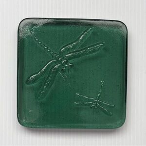 Dragonfly Glass Block Paperweight Tile 5.5" Square .75" Thick Aqua Green